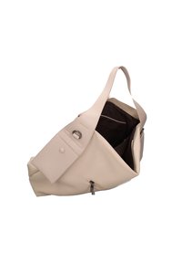Beige leren tas met een gestructureerde afwerking, voorzien van een enkele handgreep, een voorflap met drukknoopsluiting en een ritsvak aan de zijkant.