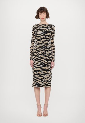 Robe moulante à manches longues, avec un motif abstrait noir et beige. Texture lisse, coupe mi-genou et décolleté rond.