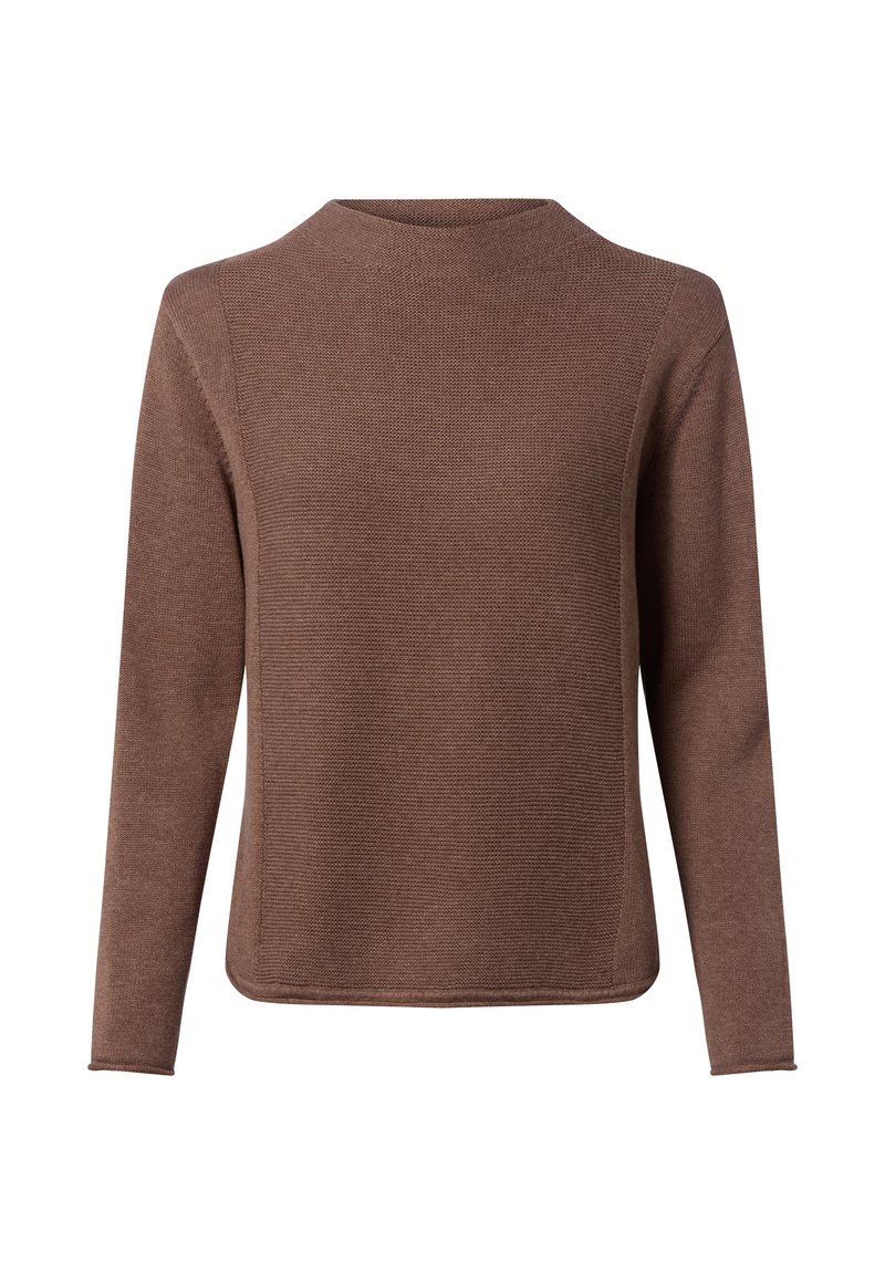 Brauner Strickpullover mit hohem Kragen, langen Ärmeln und einem strukturierten Design. Hat eine lockere Passform und einen geraden Saum.
