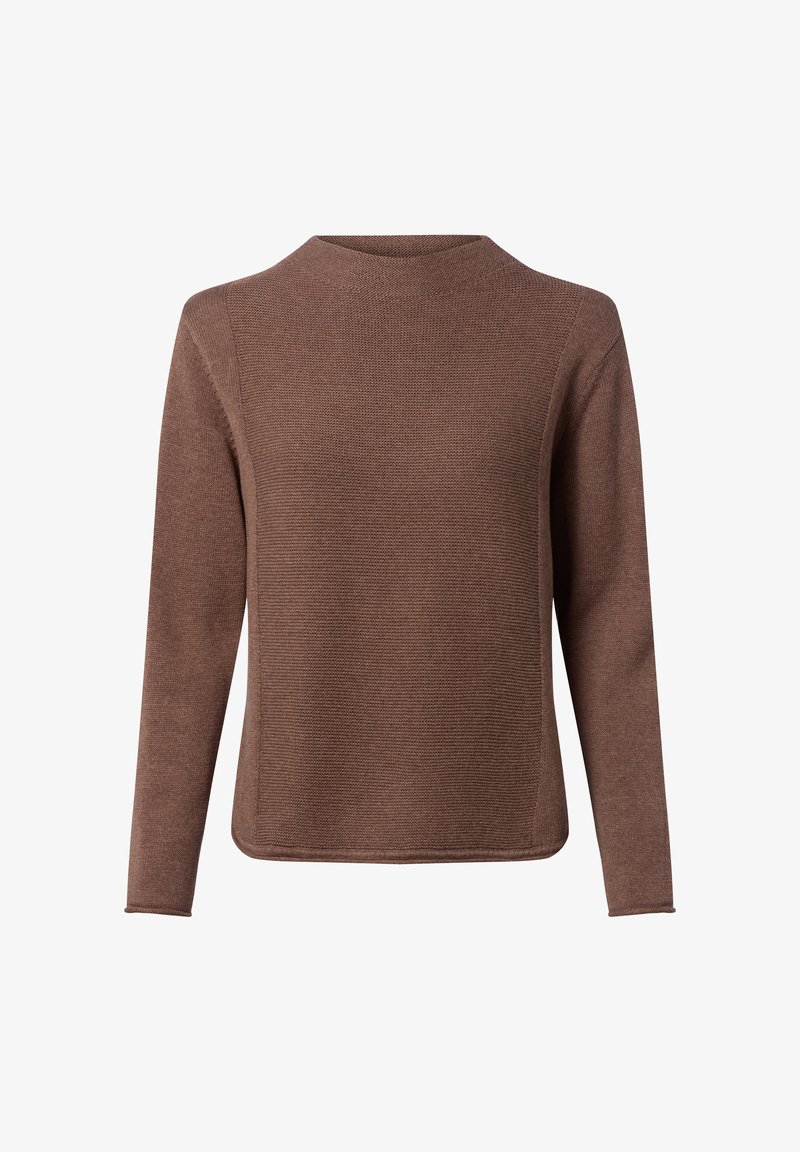 Brauner Strickpullover mit hohem Kragen, langen Ärmeln und einem strukturierten Design. Hat eine lockere Passform und einen geraden Saum.