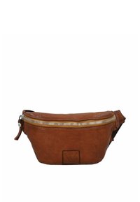 Banane en cuir marron avec une forme courbée, fermeture éclair, surface texturée et une petite boucle pour fixation. Design simple sans motifs.