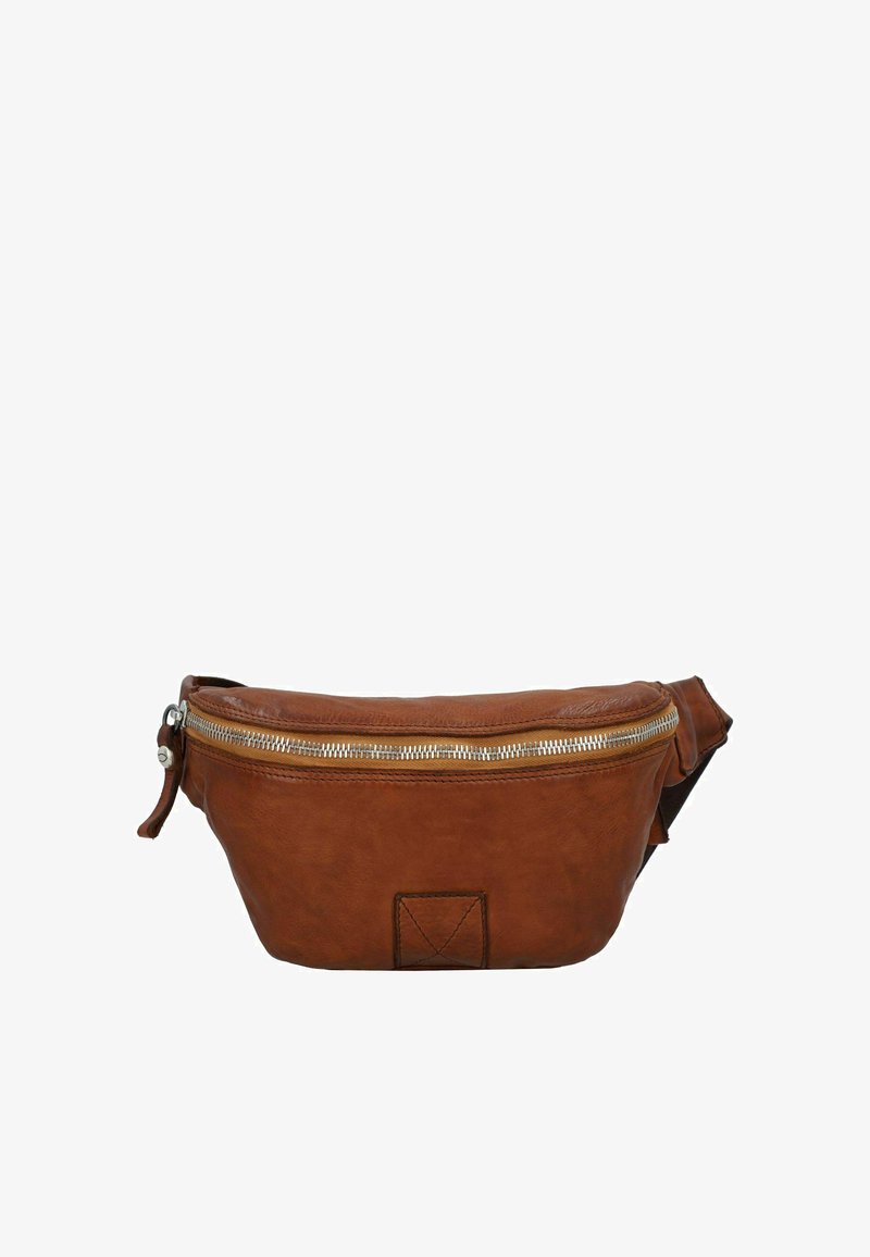 Marsupio in pelle marrone con forma curva, chiusura con zip, superficie texture e un piccolo anello per il fissaggio. Design semplice senza motivi.
