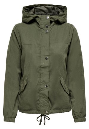 Olive green windbreaker jacket with a hood, snap buttons, two side pockets, adjustable drawstring hem, and elastic cuffs. Smooth texture.