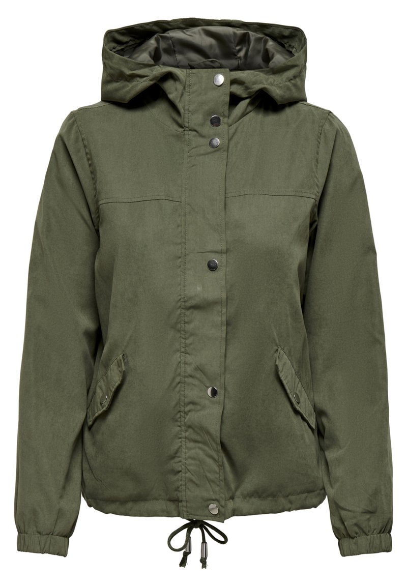 Olijfgroene windbreakerjack met capuchon, drukknoopsluiting, twee zijzakken, verstelbare trekkoord onderkant en elastische manchetten. Soepele textuur.