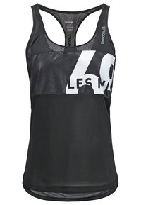 Débardeur noir Reebok en mesh à dos nageur avec texte graphique partiel blanc et logo sur la partie supérieure avant.