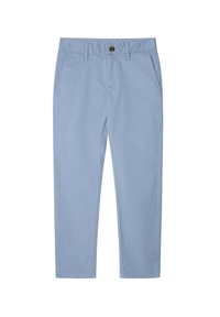 Helle blaue Baumwollhose mit geradem Bein, flachem Vorderteil, subtilem Glanz, Gürtelschlaufen und zwei Seitentaschen. Insgesamt glatte Textur.