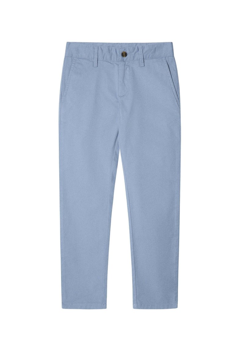 Helle blaue Baumwollhose mit geradem Bein, flachem Vorderteil, subtilem Glanz, Gürtelschlaufen und zwei Seitentaschen. Insgesamt glatte Textur.