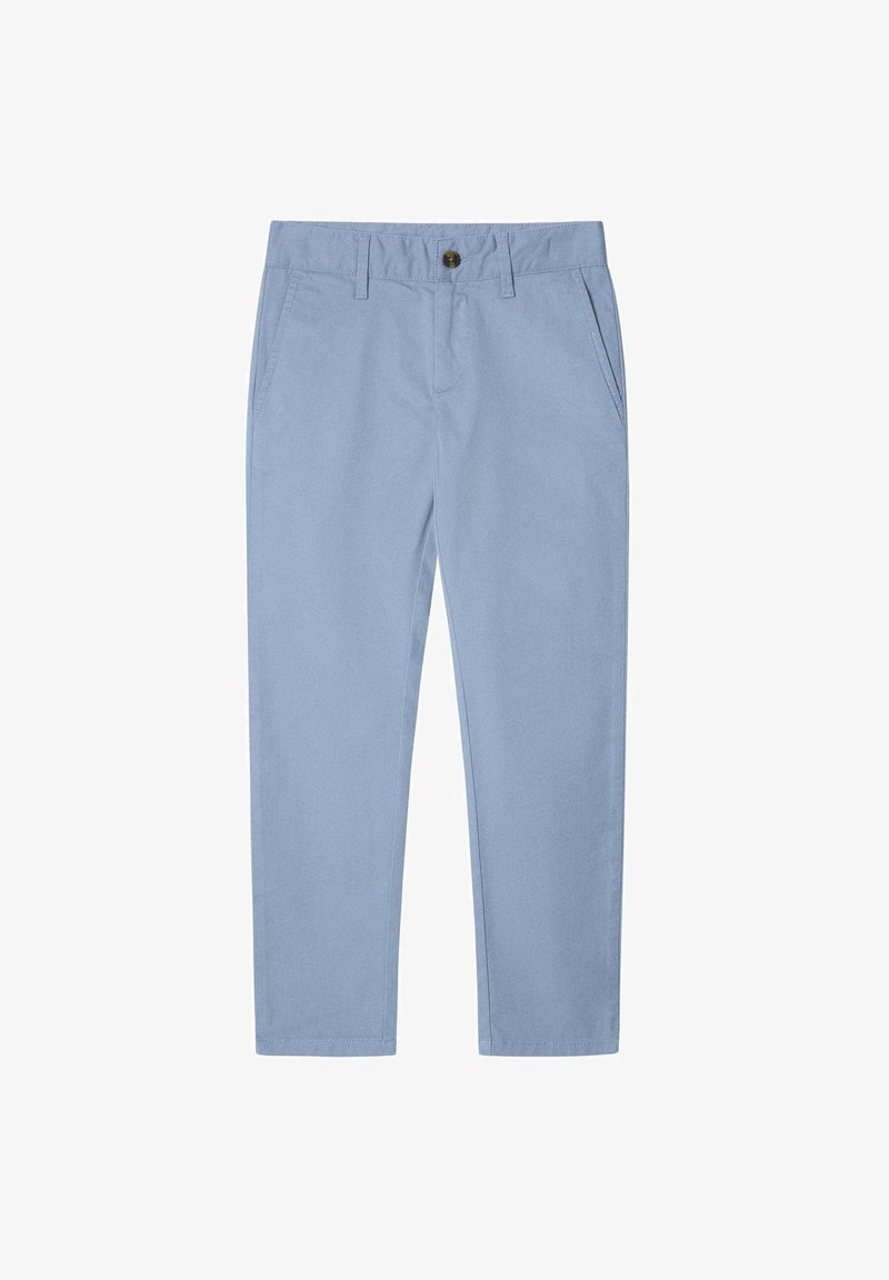 Svijetloplave pamučne hlače s ravnim nogavicama, ravnim prednjim dijelom, suptilnim sjajem, petljama za remen i dva bočna džepa. Općenito glatka tekstura.