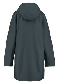 Tumma harmaa vedenpitävä takki hupulla, suoran leikkauksen, pitkät hihat ja yksinkertainen muotoilu ilman näkyviä kiinnityksiä tai kuvioita.