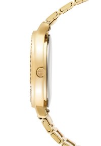 Goldfarbene Armbanduhr mit glattem runden Gehäuse, weißem Ziffernblatt und einem verknüpften Metallarmband. Verfügt über Kristallakzente entlang der Lünette.