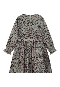 Leopardenmuster-Kleid in gedeckten Grüntönen, mit langen Ärmeln, einem plissierten Rock und einer taillierten Taille. Knopfschluss an der Rückseite.