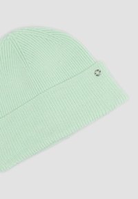 Lichtgroene gebreide beanie met ribbeltextuur en omgeslagen boord, met een kleine metalen accent aan de zijkant.
