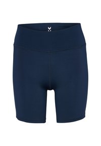 Marina blå sportshorts med hög midja, tillverkade av stretchigt material, med platta sömmar för komfort och en smidig passform.