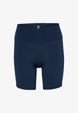 Navy blauwe sportshorts met een hoge tailleband, gemaakt van rekbaar materiaal, met platte naden voor comfort en een gladde pasvorm.