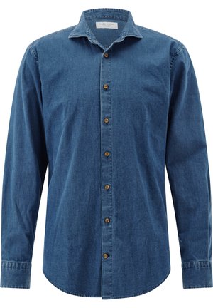 Men's long-sleeve blue denim button-up shirt with brown buttons and a pointed collar.