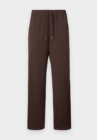 Braune, elastische Hose mit verstellbarem Kordelzug, lockerer Passform, glatter Textur und geraden Beinen. Keine sichtbaren Taschen oder Muster.