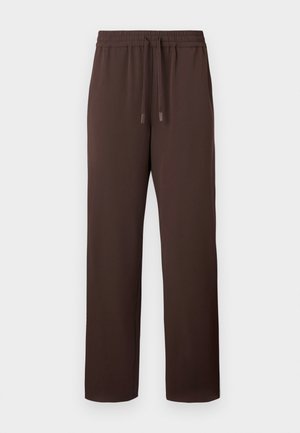Pantalon marron à taille élastique avec cordon de serrage réglable, coupe décontractée, texture lisse et jambes droites. Pas de poches ni de motifs visibles.