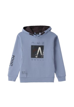 Hoodie bleu clair avec une doublure noire, comportant un panneau graphique avant avec le texte "UN MONDE" et des accents imprimés noirs sur les manches.