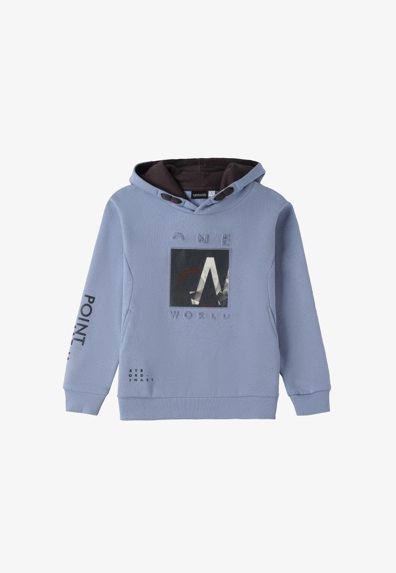 Felpa leggera blu con interno nero, caratterizzata da un pannello grafico frontale con il testo "ONE WORLD" e dettagli stampati neri sulle maniche.