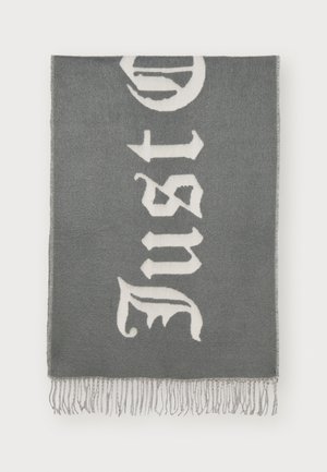Gray knit blanket featuring white gothic-style text. Edges are finished with fringe detailing. Soft texture with a versatile design.