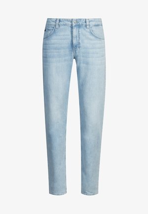 Light blue denim jeans with a straight cut, featuring a mid-rise waist, five-pocket design, and subtle fading.