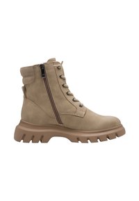Bottines beige en cuir texturé avec fermeture éclair latérale, avant à lacets et semelle en caoutchouc épaisse avec des encoches profondes.
