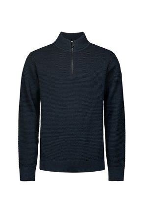 Herren Pullover aus strukturiertem navyblauen Strickstoff mit langen Ärmeln, geripptem Kragen, Bündchen, Saum und einem kurzen Reißverschluss vorne.