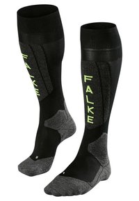 Calze nere fino al ginocchio con pannelli testurizzati e logo "FALKE" verde lime. Tallone e punta rinforzati con dettagli grigio scuro.