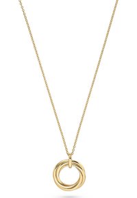 Gold pendant necklace featuring interlocking circular rings on a delicate gold chain. Smooth, polished finish with a subtle shine.