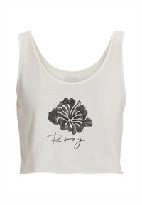 White crop tank top made of lightweight fabric, featuring a black hibiscus flower design and "Roxy" text in a casual script.