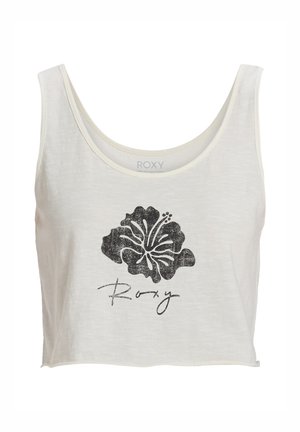 Witte cropped tanktop van lichtgewicht stof, met een zwart hibiscus bloemenontwerp en "Roxy" tekst in een casual lettertype.