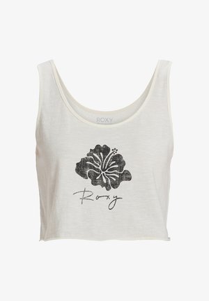 Weißes Cropped-Top aus leichtem Stoff, das ein schwarzes Hibiskusblütenmuster und den Schriftzug "Roxy" in einer lässigen Schreibschrift aufweist.