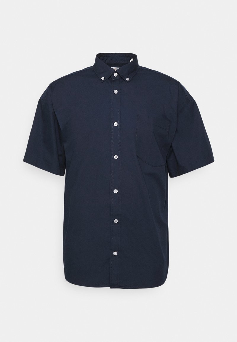 Chemise bleu marine à manches courtes avec boutons, avec une poche sur la poitrine gauche et un col boutonné.