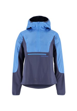 Leichte, wasserabweisende Jacke mit einem blau-navy Farbdesign, Halb-Zip-Verschluss und einer frontalen Reißverschlusstasche.