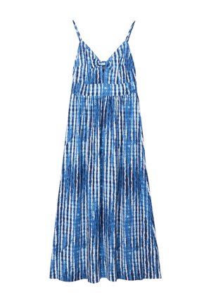 Maxi-jurk met blauw-witte strepen, dunne bandjes, een V-hals en een taille met plooien, gemaakt van lichtgewicht stof met een vloeiende silhouet.