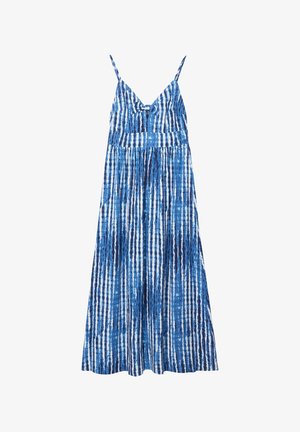 Maxi-jurk met blauw-witte strepen, dunne bandjes, een V-hals en een taille met plooien, gemaakt van lichtgewicht stof met een vloeiende silhouet.
