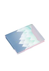 Folded wallet with a geometric pattern in blue, pink, and green tones. Made of textured fabric, featuring visible stitching along the edges.