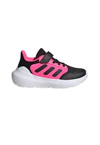 Black and pink athletic shoe with a mesh upper, classic lace-up design, adjustable strap, and a chunky white sole for cushioning.