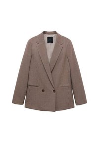 Hnedý károvaný blazer so zapínaním na dvojité gombíky, špicatými klopami, dvoma bočnými vreckami a hladkým podšívkou.