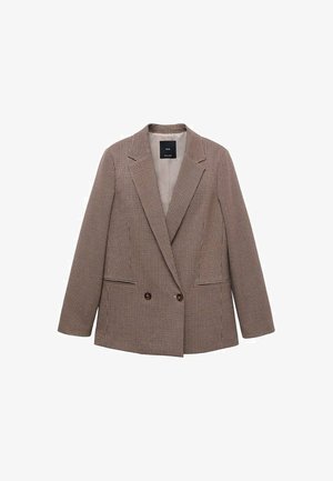 Blazer a scacchi marrone con frontale doppiopetto, rever a punta, due tasche laterali e fodera interna liscia.