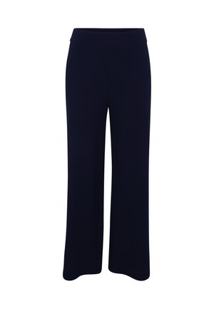 Pantaloni a gamba larga in blu navy, realizzati in un tessuto morbido. Presentano una vita alta ed elastica e una texture liscia senza motivi.