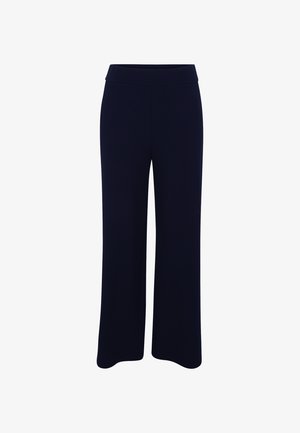 Pantaloni a gamba larga in blu navy, realizzati in un tessuto morbido. Presentano una vita alta ed elastica e una texture liscia senza motivi.