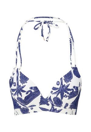 Valkoinen bikinin yläosa, jossa on solmittavat kaulanauhat ja tummansinisiä abstrakteja eläin- ja lehtikuvioita.