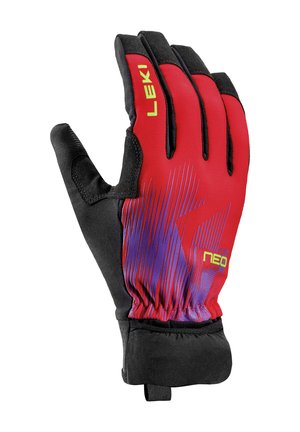 Roter und schwarzer Outdoor-Handschuh mit "LEKI"- und "NEO"-Markierung, strukturierter Handfläche und elastischer Handgelenkbündchen, entwickelt für den Sport- oder Kälteeinsatz.