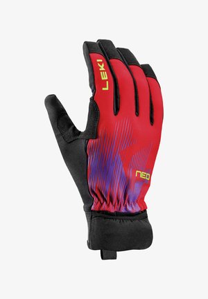 Roter und schwarzer Outdoor-Handschuh mit "LEKI"- und "NEO"-Markierung, strukturierter Handfläche und elastischer Handgelenkbündchen, entwickelt für den Sport- oder Kälteeinsatz.