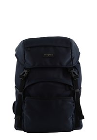 Navy blue backpack with a fold-over flap, front pocket, adjustable shoulder straps, and a smooth, durable fabric texture.