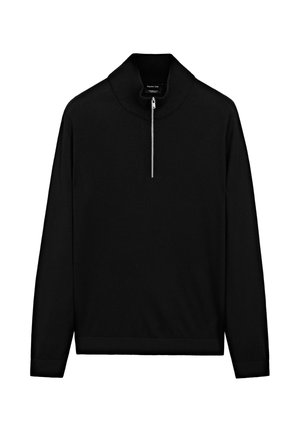 Black pullover sweater with a high collar, featuring a half-zip front, long sleeves, and a smooth texture.