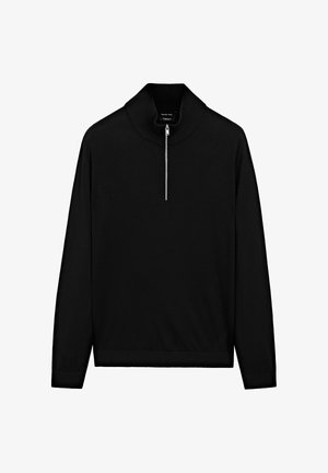 Sort pullover-sweater med høj krave, der har en halv lynlås foran, lange ærmer og en glat tekstur.