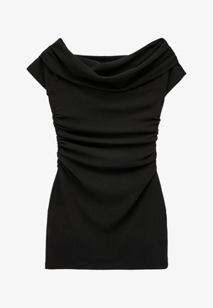 Schwarzes ärmelloses Kleid mit weitem Wasserfallausschnitt und gerafften Seiten, figurbetonte Silhouette, knielanger Saum.