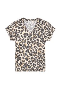 Camiseta de estampado de leopardo con escote en V, con una base beige clara y manchas negras, grises y doradas. Tejido suave con mangas cortas.